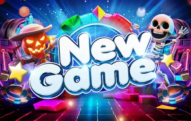 ภาพการ์ดหมวดเกมเปิดใหม่ พื้นหลังสีน้ำเงินสดและลานกระเบื้องเรืองแสงสีชมพู-ฟ้า กลางภาพเป็นข้อความ New Game ตัวอักษรสามมิติสีขาวขอบฟ้า ด้านซ้ายเป็นตัวการ์ตูนหัวฟักทองเรืองแสงสวมหมวกปีกกว้าง ด้านขวาเป็นโครงกระดูกการ์ตูนยิ้มชูแขน รอบภาพมีดาวสีเหลือง ลูกเต๋า ชิป และบล็อกสีสดลอยอยู่